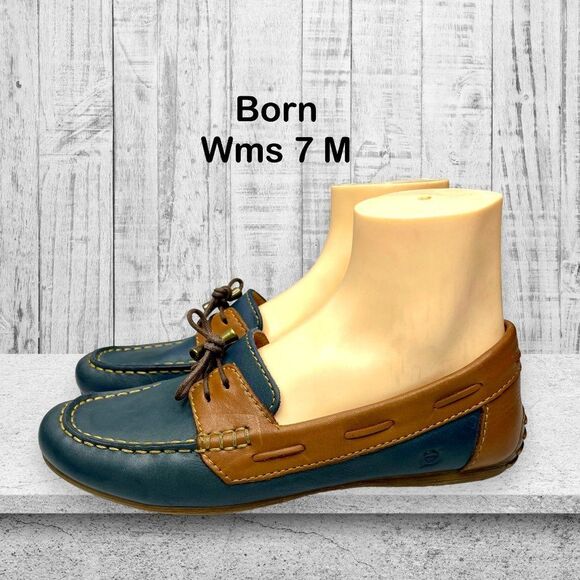 Born Womens Two Tone Brown Navy Leather Lace‎ Detail Flat Loafer Size 7 M - Picture 1 of 12